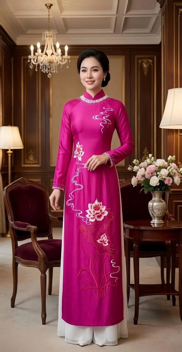 Áo Dài Gấm Hoa Sen Truyền Thống